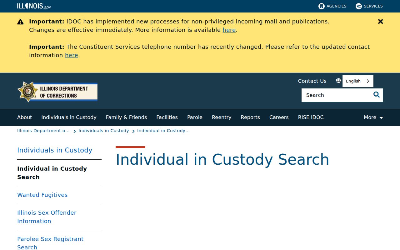 Illinois Department of Corrections individual in custody search