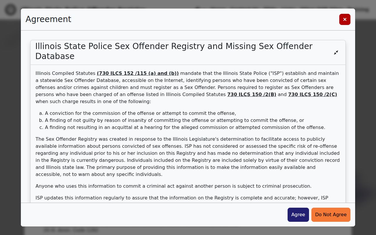 Illinois State Police registry disclaimer describing data limits and lawful public use