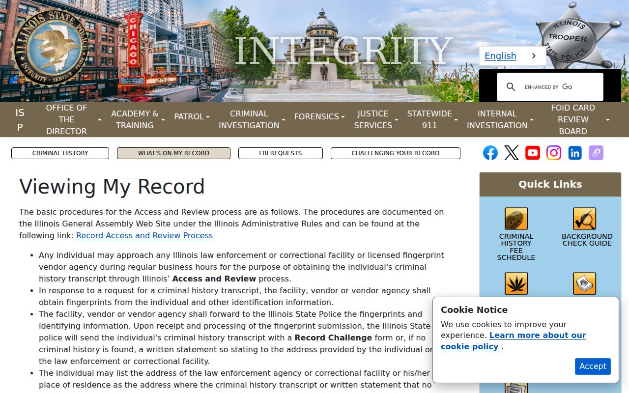 Illinois State Police personal criminal record Access and Review instructions